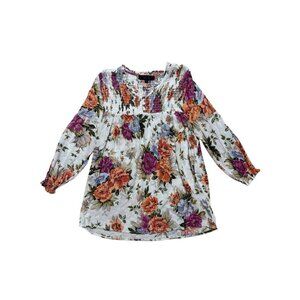 Rachel Roy Floral Peasant Blouse Boho Smocked Long Sleeve Top Size M